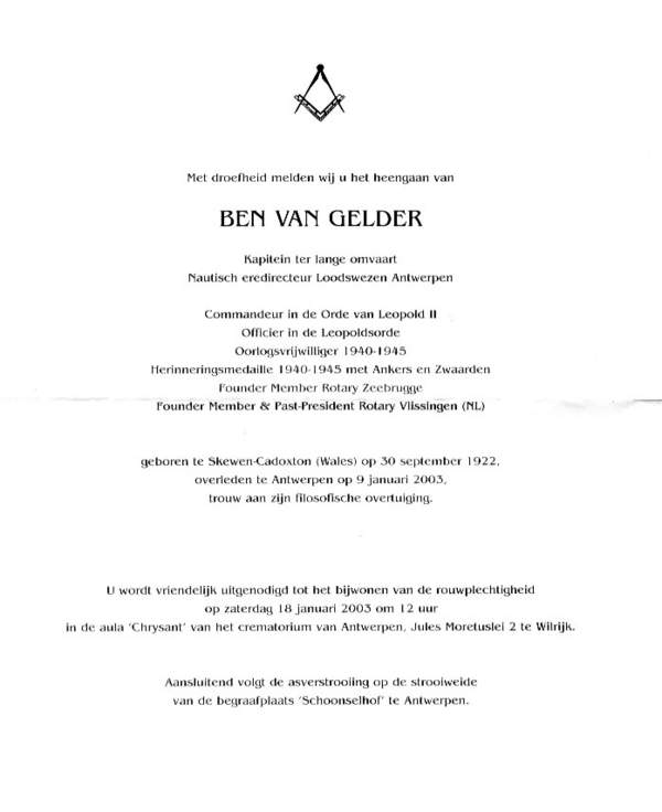 Overlijdensbrief Ben Van Gelder